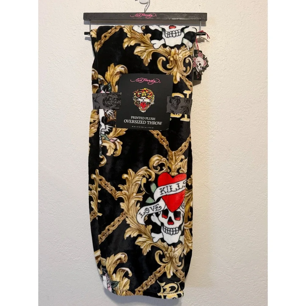 Ed Hardy Love Kills Slowly Oversized Plush Throw Blanket Black Gold Skull 60x70